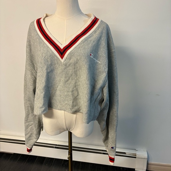 Champion Gray V-Neck Sweater with Red and White Accents Cropped - Picture 3 of 5